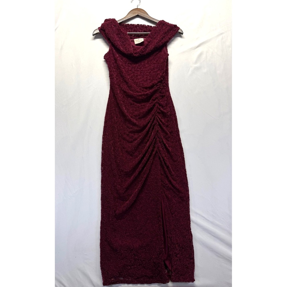Ember Maxi Dress Womens Small Burgundy Floral Lace Trim Ruched Details Cowl Neck